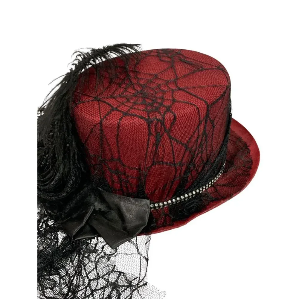 Victorian Style Top Hat Womens Red Spiderweb Veil Feather